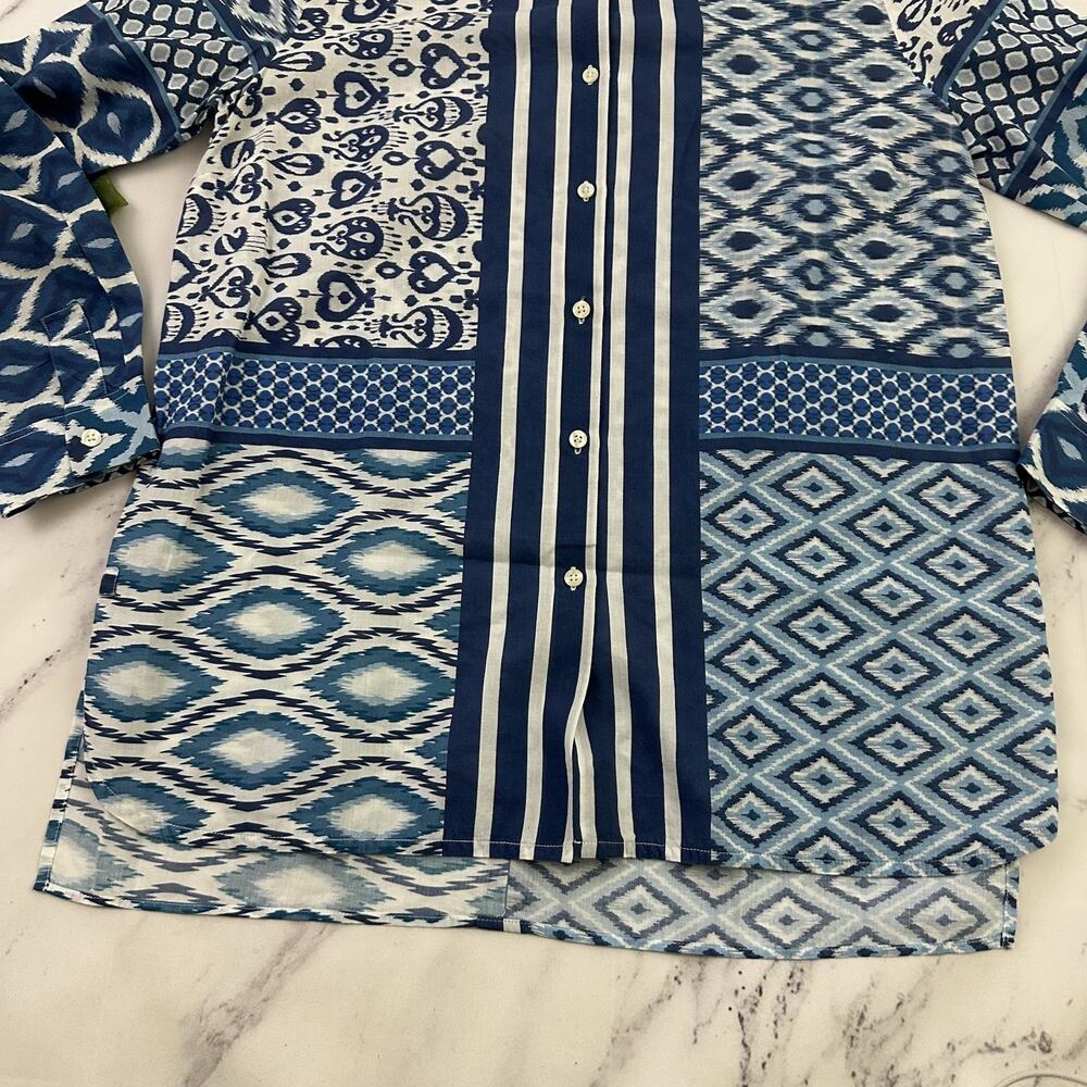 Vilagallo Womens Button Up Top Size 40 M Blue Ikat Stripe Mixed Print Light - Picture 5 of 13